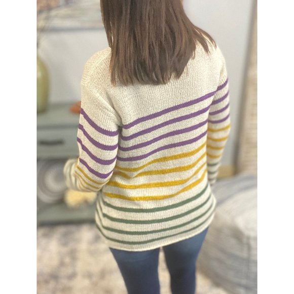 🎭Mardi Gras Wide Neck Loose Striped Sweater Shirt Purple Green & Gold 0123 - Picture 8 of 8